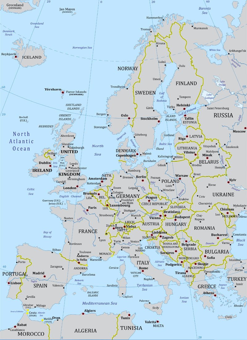 mapa europy stolice po polsku Europa Granice Mapa Geografia Panstwa Stolice mapa europy stolice po polsku